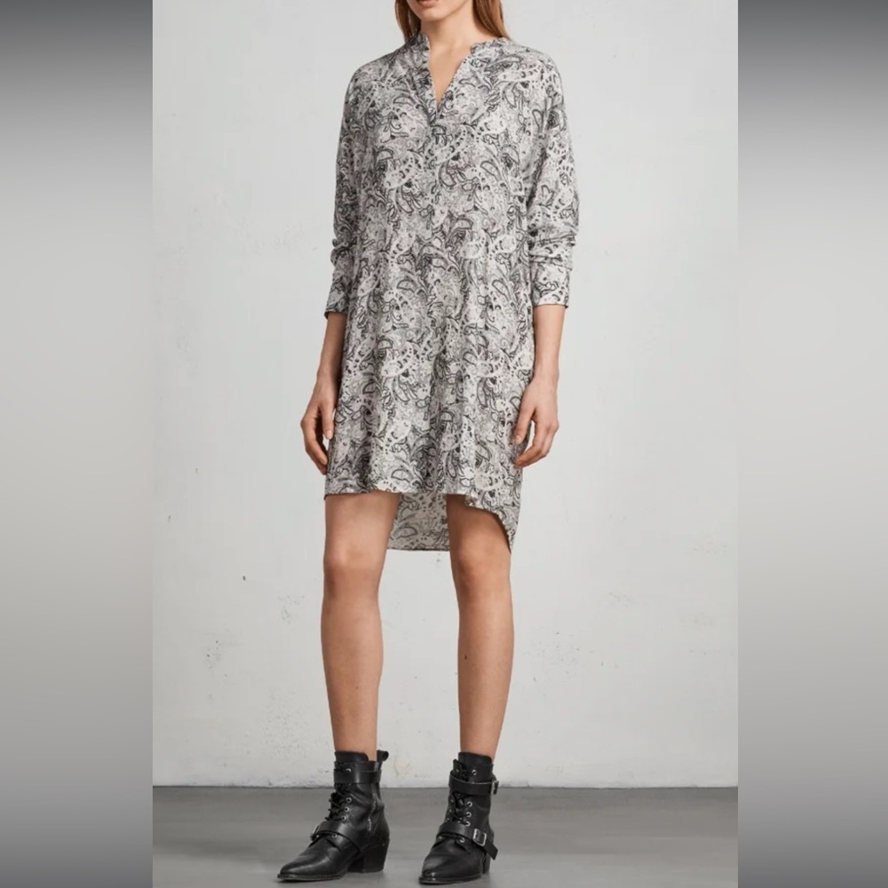 All Saints Cayla Paisley Shirt Dress Womens size Small Boho Peasant Preppy Gray
